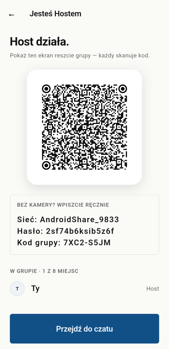 Ekran Hosta z kodem QR do zeskanowania przez resztę grupy