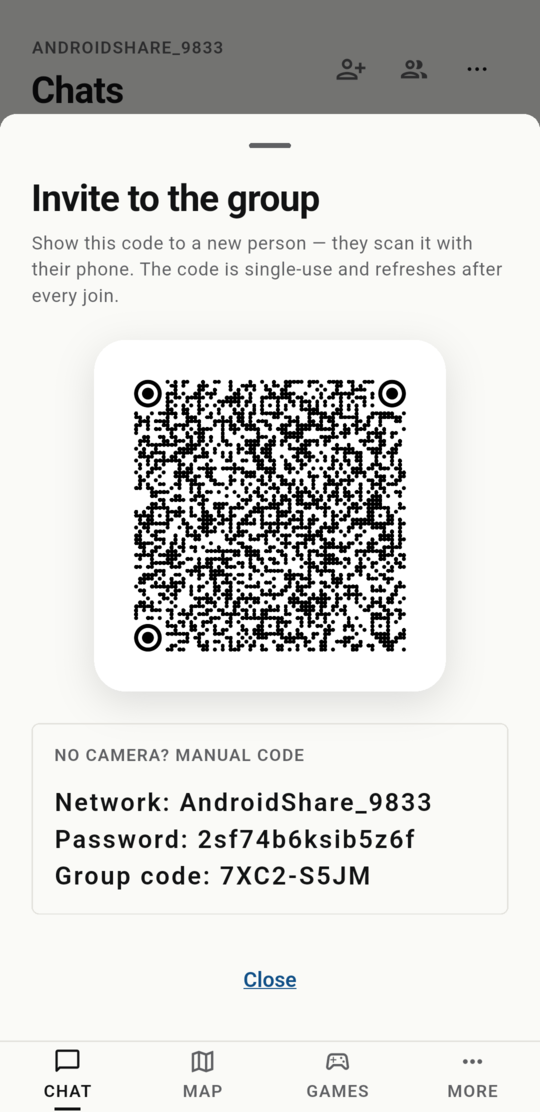 Invite screen with the QR code the rest of the group scans