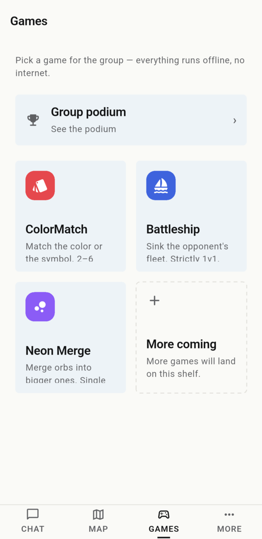 Games screen: ColorMatch, Battleship and Neon Merge