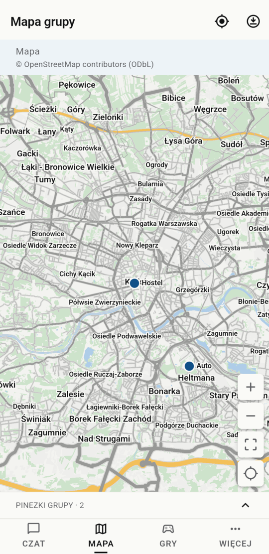 Mapa okolicy z dwiema pinezkami grupy