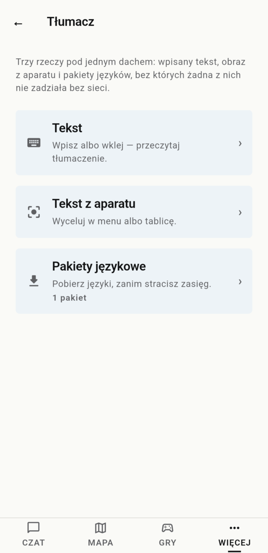 Ekran tłumacza: tekst, tekst z aparatu i pakiety językowe